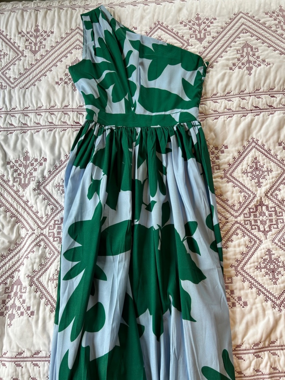 One-Shoulder Green Floral Print Women's Maxi Dress